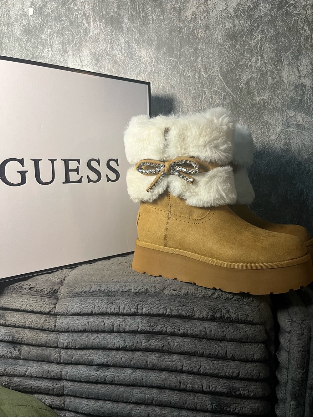 GUESS Tan Suede Platform Ankle Boots with White Faux-Fur Cuff and Crystal Bow